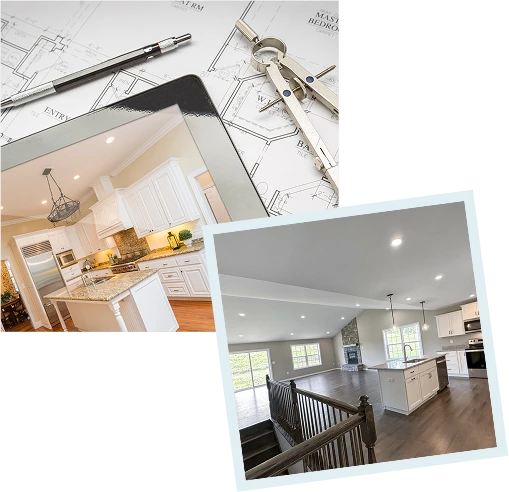 Images of personalizing a kitchen on an iPad and a zoomed-out view of a custom kitchen